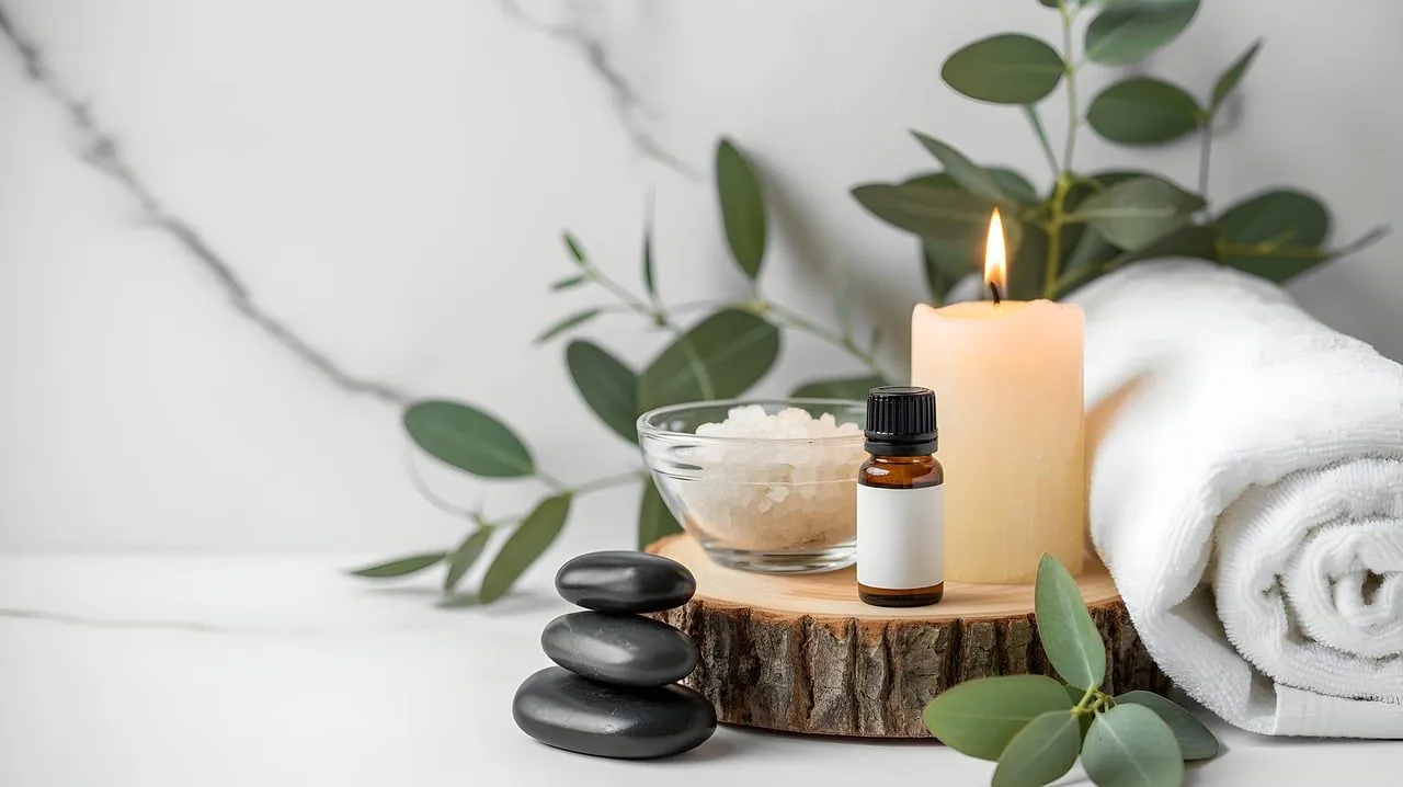 Zestaw produktów spa z świecami i liśćmi eukaliptusa